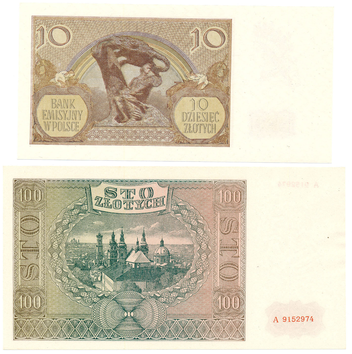 10 złotych 1940 seria L, 100 złotych 1941 seria A